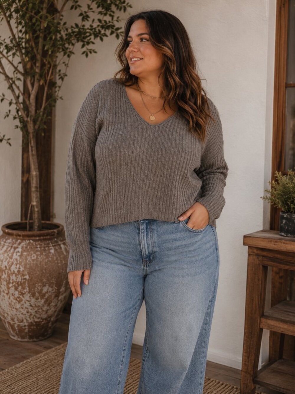 Ribbed V-Neck Cropped Sweater | Soft Knit Long Sleeve Minimalist Cozy Chic